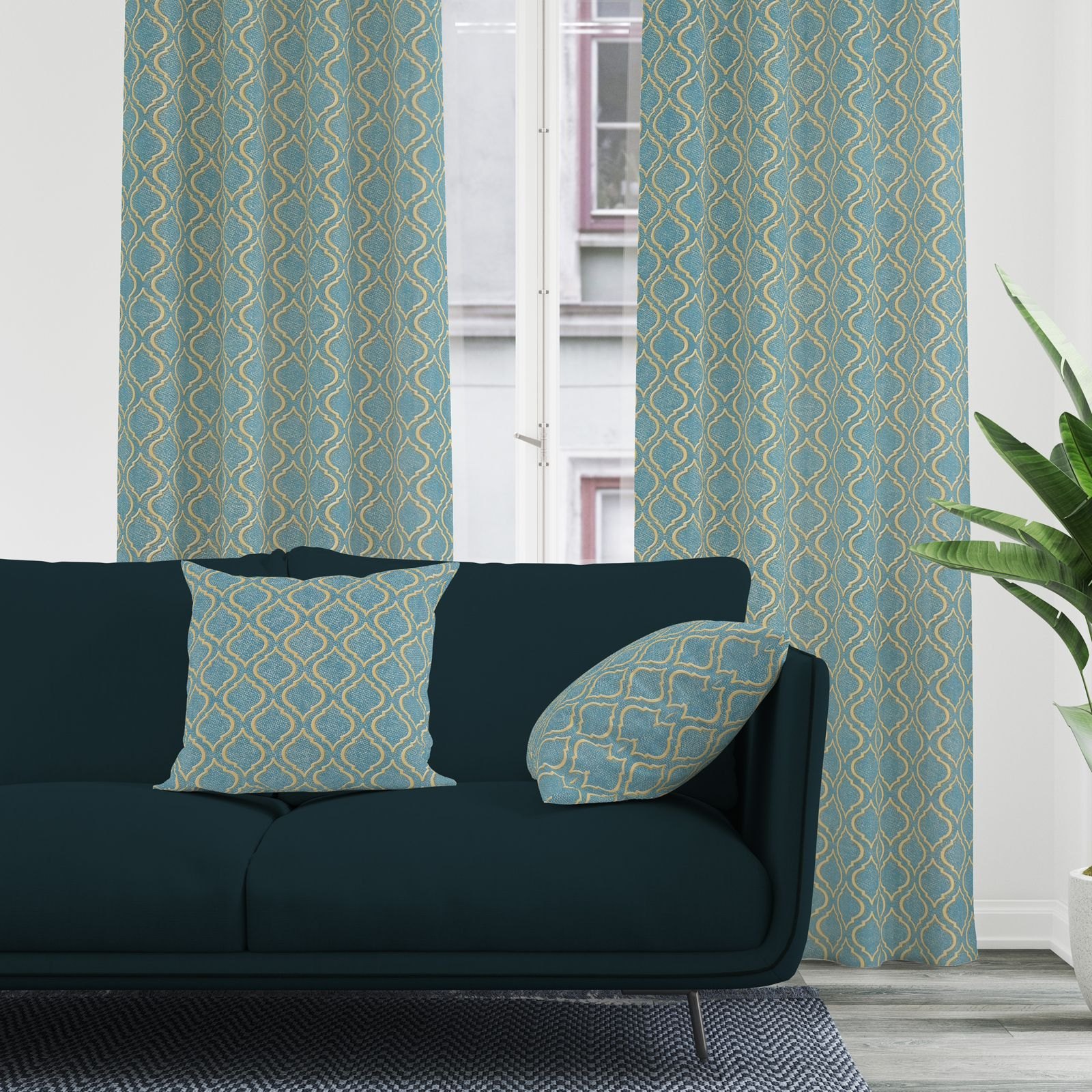 Patterned cushions and matching drapes